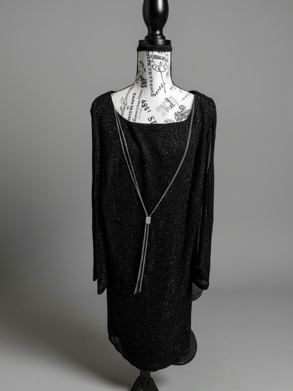 R&M Richards Black Sparkle Long Sleeve Shift Dress